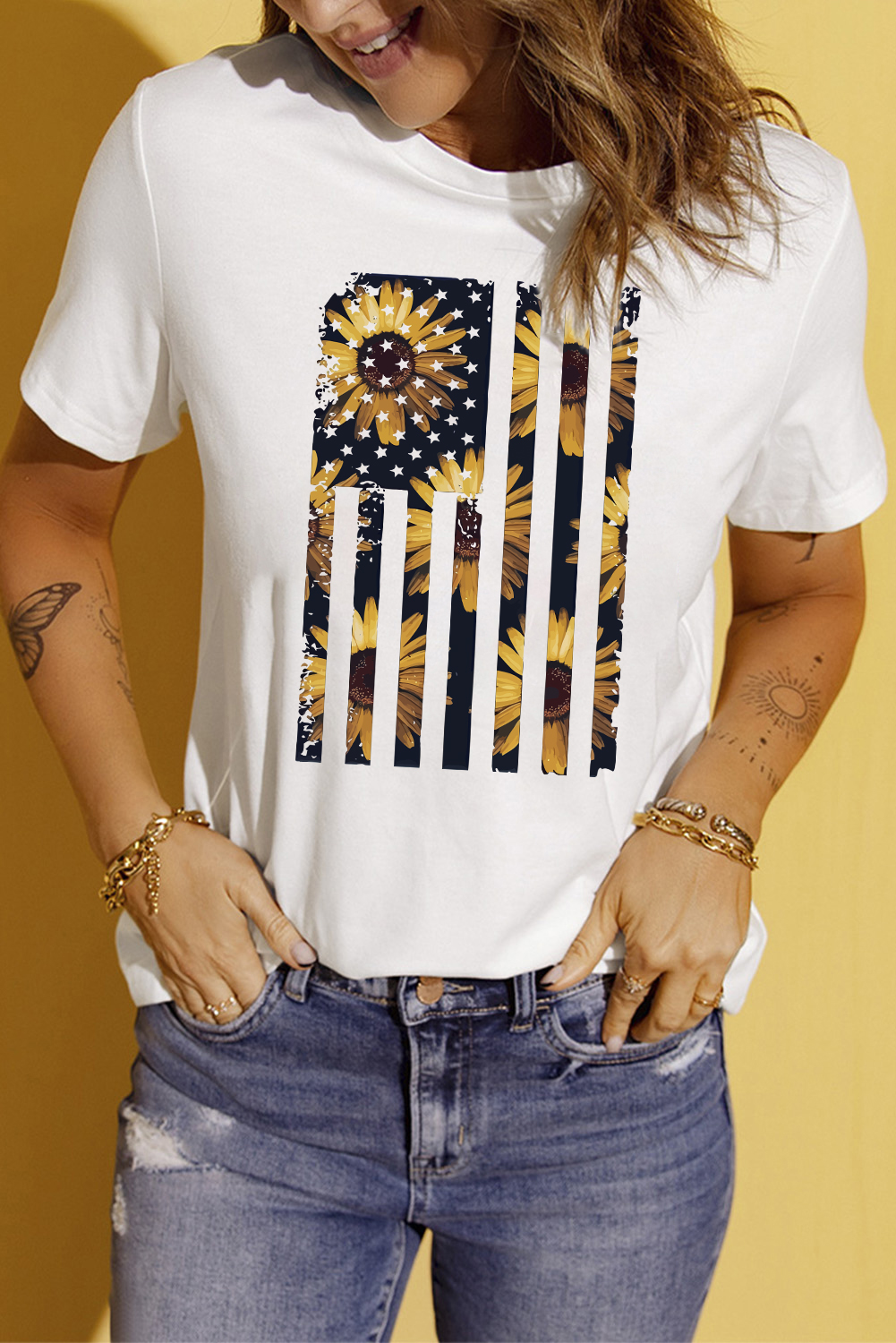 US$ 5.73 Drop-shipping White Sunflower American Flag Short Sleeve T ...