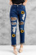 Blue Sunflower Print Leopard Patchwork Distressed High Waist Jeans