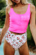 Pink Strawberry Print Buttoned Sleeveless High Waist Tankini Swimsuit