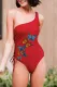 Red Butterfly Print Drawstring One Shoulder One-piece Swimwear
