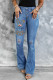 Sky Blue Hope Leopard Rabbit Print Button Fly Distressed Flare Jeans
