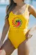 Yellow Tie Dye Sunflower Print Belted Backless One-piece Swimsuit