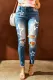 Sky Blue Star Print Mid Rise Ripped Skinny Ankle Jeans