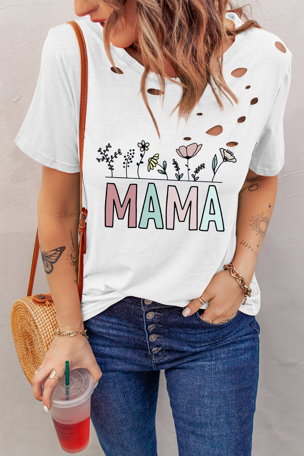 US$ 6.79 Drop-shipping White Distressed Holes MAMA Print T Shirt for Women