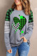 Green Plaid Heart Clover Striped Print Long Sleeve Pullover Top