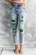 Sky Blue Faded Washed Green Plaid Clover Distressed Skinny Jeans