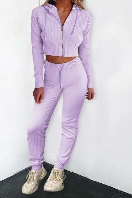 Purple Ribbed Knit Cropped Hoodie and Jogger Two Piece Set