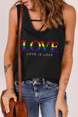 Black Rainbow Color Love Is Love Print Straps Tank Top