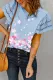 Sky Blue Cherry Blossom Print Hollow-out Short Sleeve Top