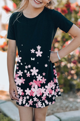Black Family Matching Girl's Cherry Blossoms Print T Shirt Mini Dress