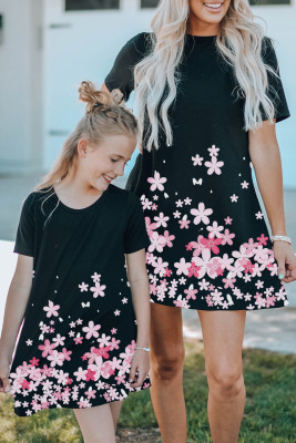 Black Family Matching Cherry Blossoms Print T Shirt Mini Dress