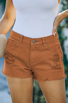Orange Distressed Tasseled Denim Shorts