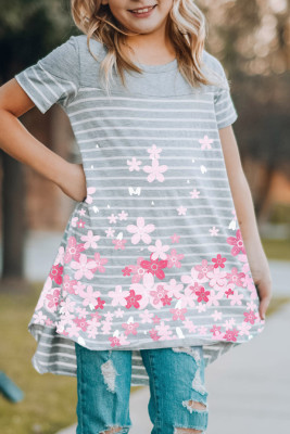 Gray Cherry Blossom Stripe Print Short Sleeve Girl's Tunic Top