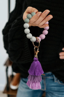 Purple Tassel Wood Bead Bracelet Keychain
