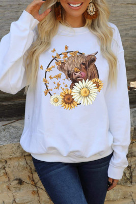 White Cow Sunflower Graphic Print Long Sleeve Sweatshirt