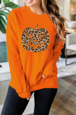 Orange Leopard Pumpkin Graphic Print Pullover Sweatshirt