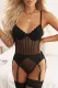 Black Lace Mesh Patchwork Back Hollow-out Teddy Lingerie with Garter Belt
