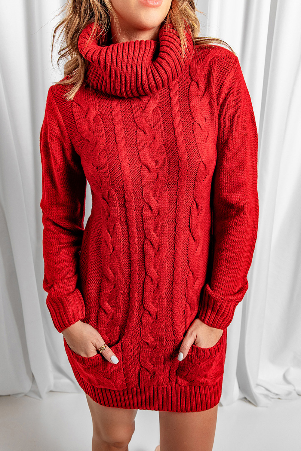 US 14.09 Dropshipping Red Cowl Neck Cable Knit Sweater Dress for Women