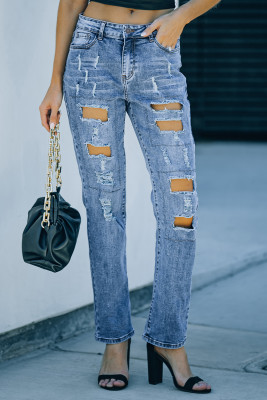 Sky Blue Buttoned Pockets Distressed Jeans