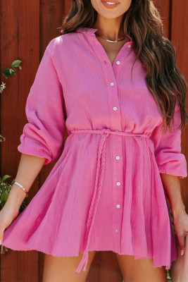 Textured Buttons Long Sleeves Shirt Short Dress with Rope Tie