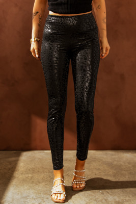 Black Shiny Leopard Textured Leggings LC76009-2