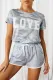Gray Camo Letter Print T Shirt And Shorts Set