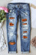 Sky Blue Fall Pumpkin Print Plaid Patches Distressed Jeans