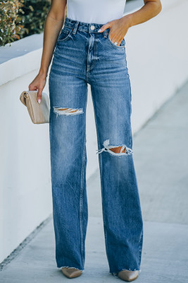 Sky Blue High Rise Ripped Straight Legs Loose Jeans