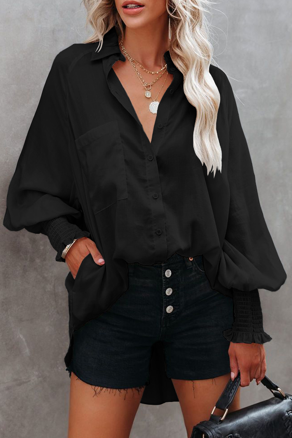 US$ 9.66 Drop-shipping Black Billowy Sleeves Pocketed Shirt for Women