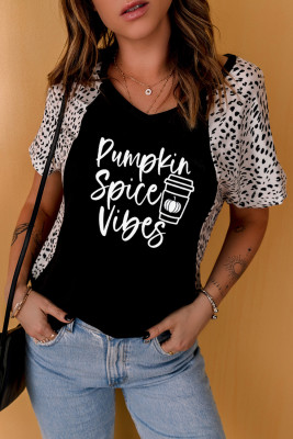 Black Pumpkin Spice Vibes Graphic Print Leopard Color Block T Shirt