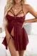 Fiery Red Lace Sheer Splicing Strappy Badydoll Set