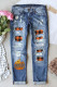 Sky Blue Cute Sunflower Pumpkin Graphic Plaid Patched Distressed Jeans