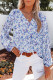Blue Floral Print V Neck Long Puff Sleeve Top