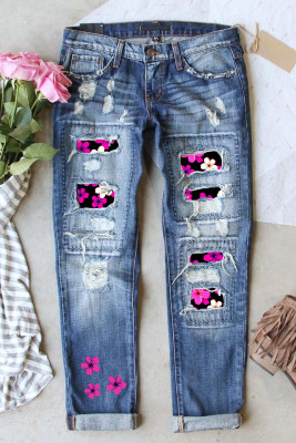 Sky Blue Floral Patchwork Distressed Straight Leg Jeans