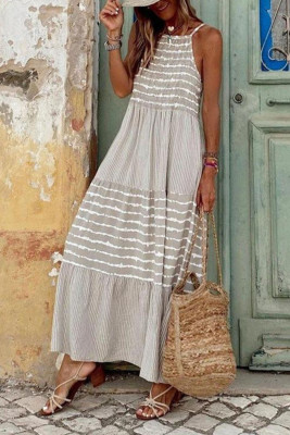 Szara sukienka maxi z patchworkowym dekoltem w paski
