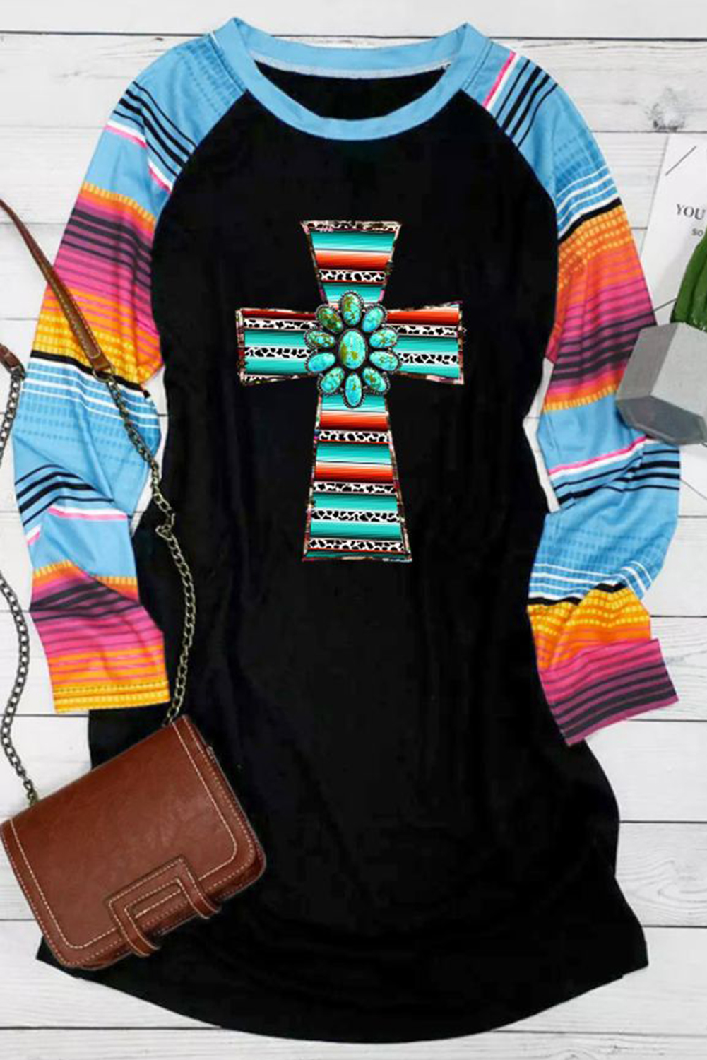 US$ 9.94 Drop-shipping Black Turquoise Cross Graphic Serape Raglan ...