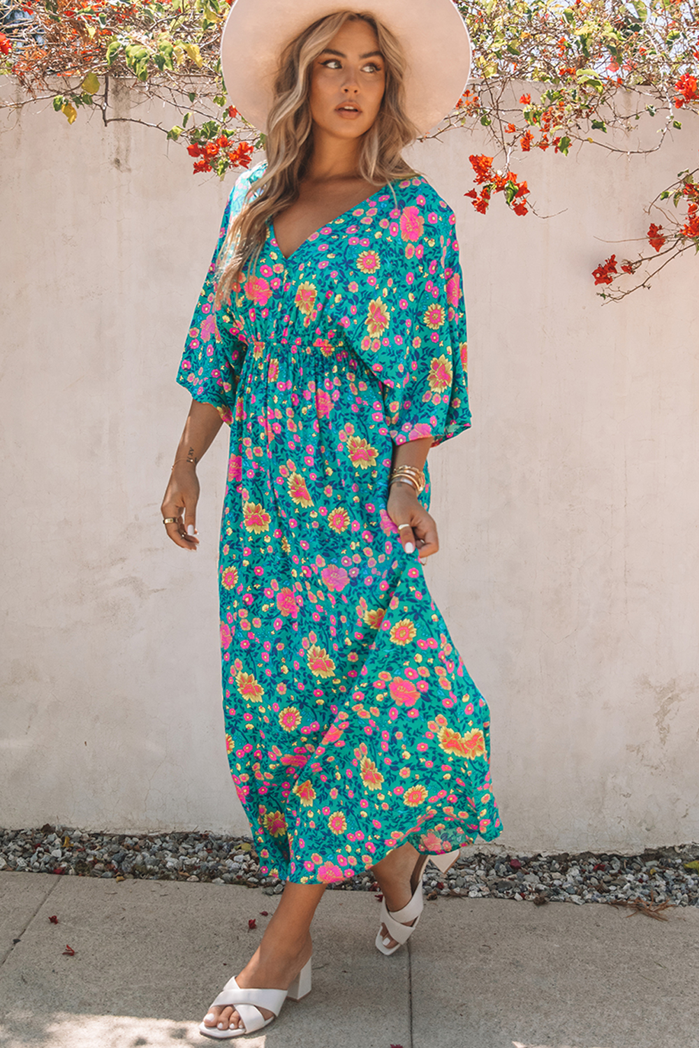 Us 1104 Drop Shipping Green Boho Deep V Neck Floral Maxi Dress For Women