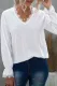 White Solid Color Lace V Neck Long Sleeve Top