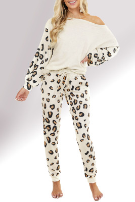 Leopard Print One Shoulder Lantern Sleeve Pajama Set