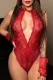 Fiery Red Plunge V Neck Hollow-out Lace Backless Teddy Lingerie