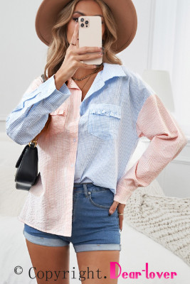 Pink Colorblock Ruffled Trim Pocket Striped Shirt
