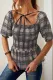 Gray Plaid Shirring Square Neck Puffed Short Sleeve Top with Tie Detail