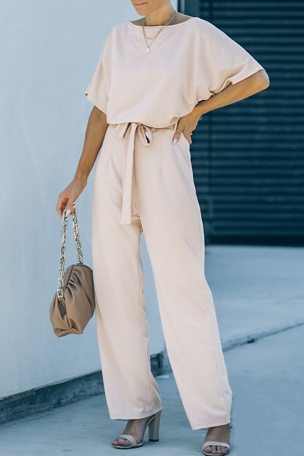US 9.89 Dropshipping Apricot Oh So Glam Belted Wide Leg Jumpsuit for