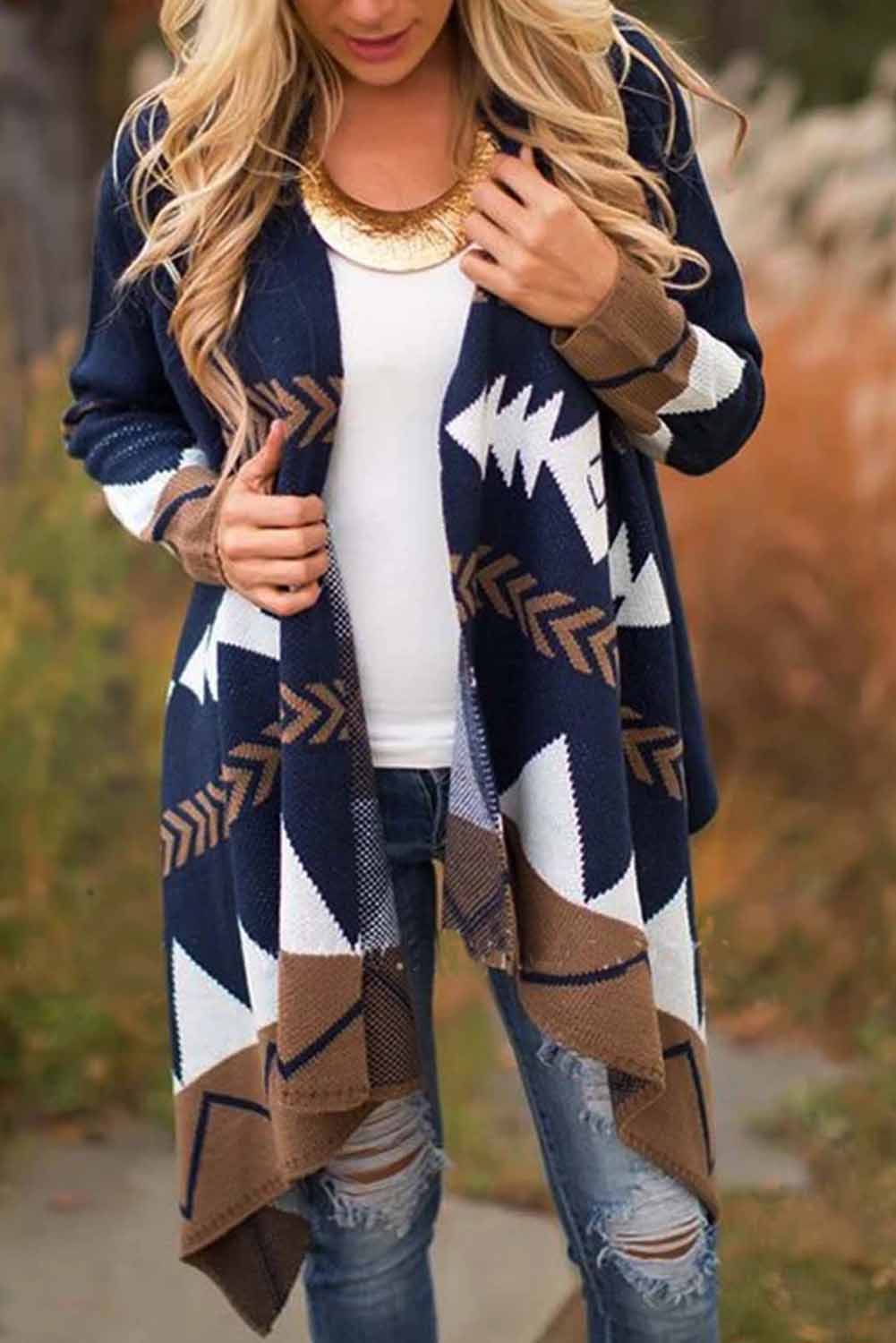 US$ 12.63 Drop-shipping Blue Color-Block Long Sleeve Casual Tribal ...