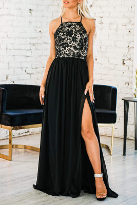 Black Crisscross Backless Lace Chiffon Maxi Dress