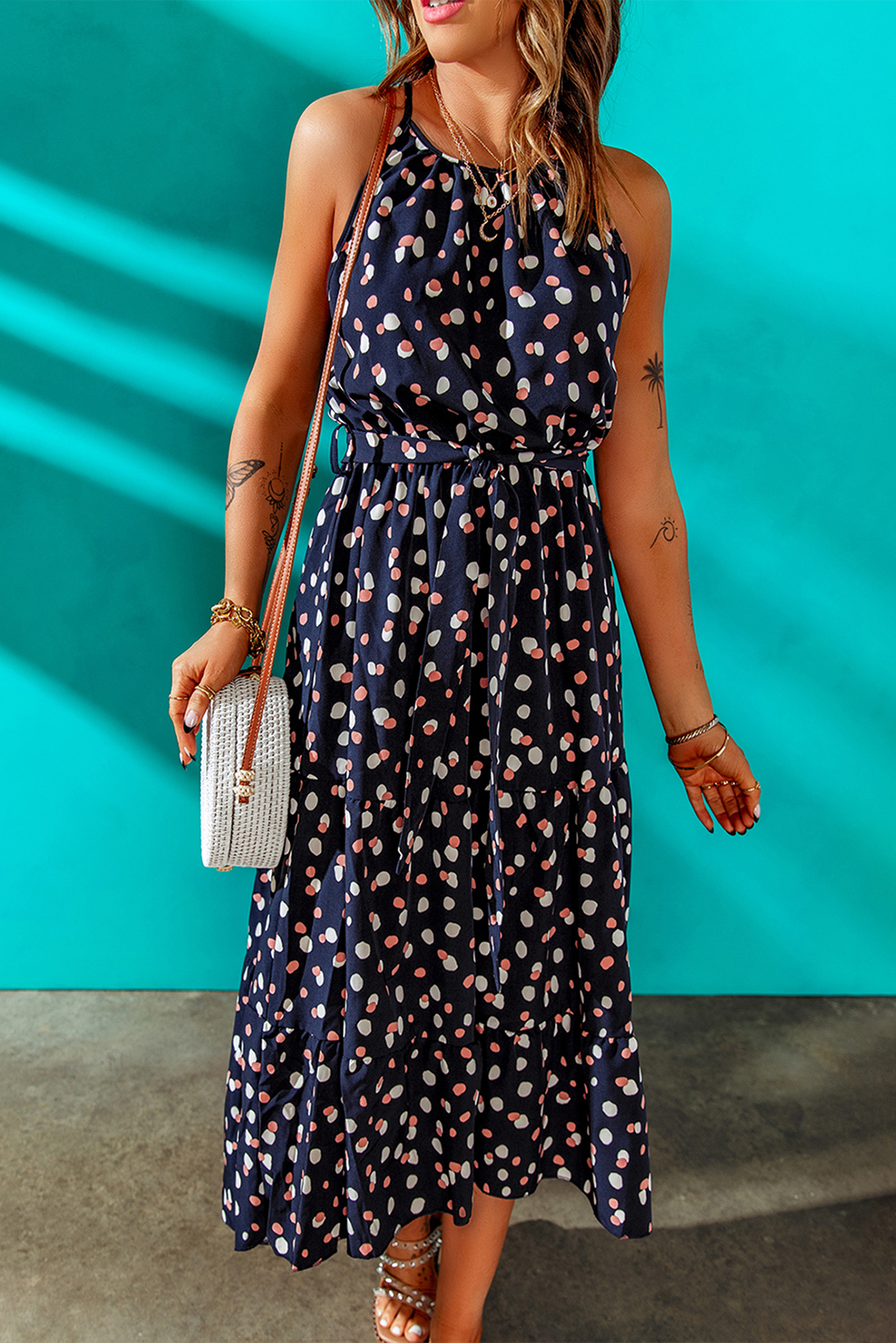 Spaghetti Strap Polka Dot Mesh Maxi Dress