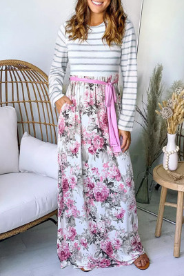 Long Sleeve Striped Floral Print Maxi Dress