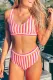 Pink Striped Print U Neck Mid Waist Bikini Swimsuit