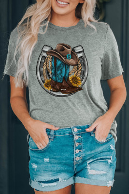 Gray Western Cowboy Boots Graphic Print T Shirt
