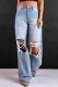 Sky Blue Distressed Ripped Hollow-out Wide Leg Jeans